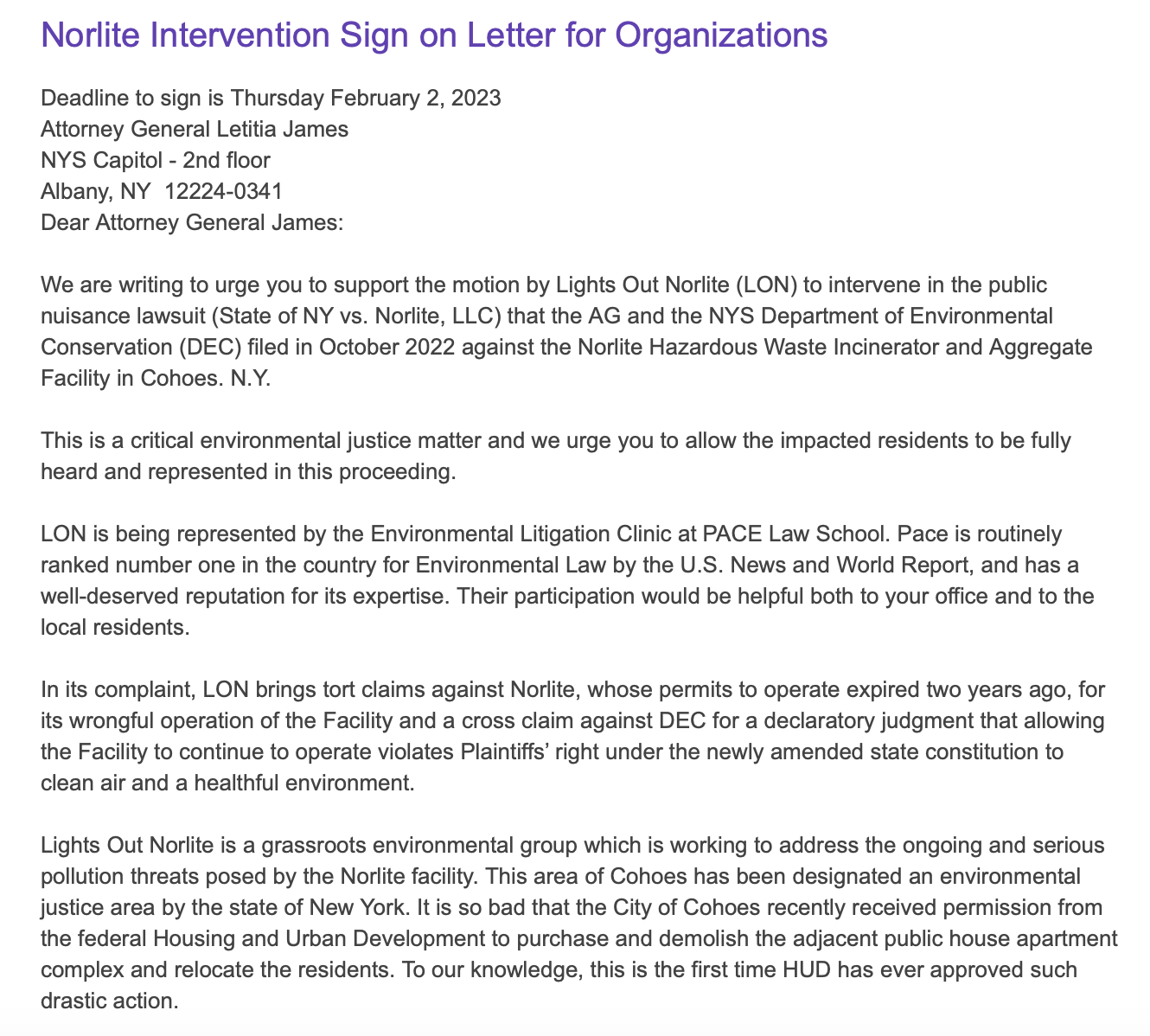 Lights Out Norlite, Our Partners in Cohoes, NY., Need the Support of